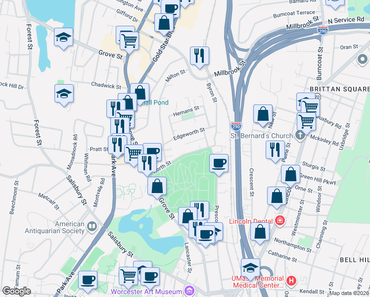 map of restaurants, bars, coffee shops, grocery stores, and more near 59 North Street in Worcester