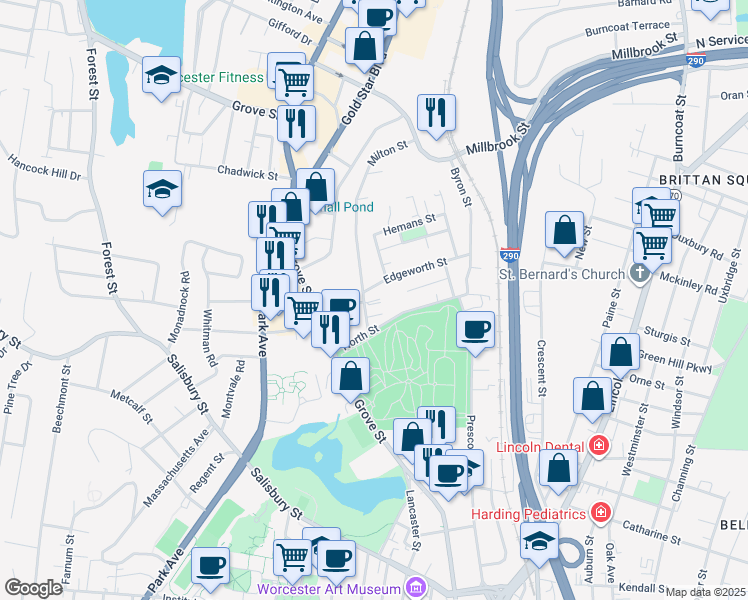 map of restaurants, bars, coffee shops, grocery stores, and more near 33 North Street in Worcester