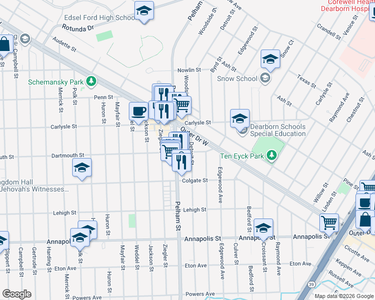 map of restaurants, bars, coffee shops, grocery stores, and more near 3938 Detroit Street in Dearborn Heights