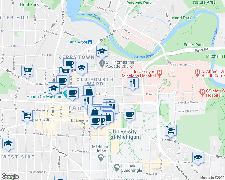 map of restaurants, bars, coffee shops, grocery stores, and more near 710 East Ann Street in Ann Arbor