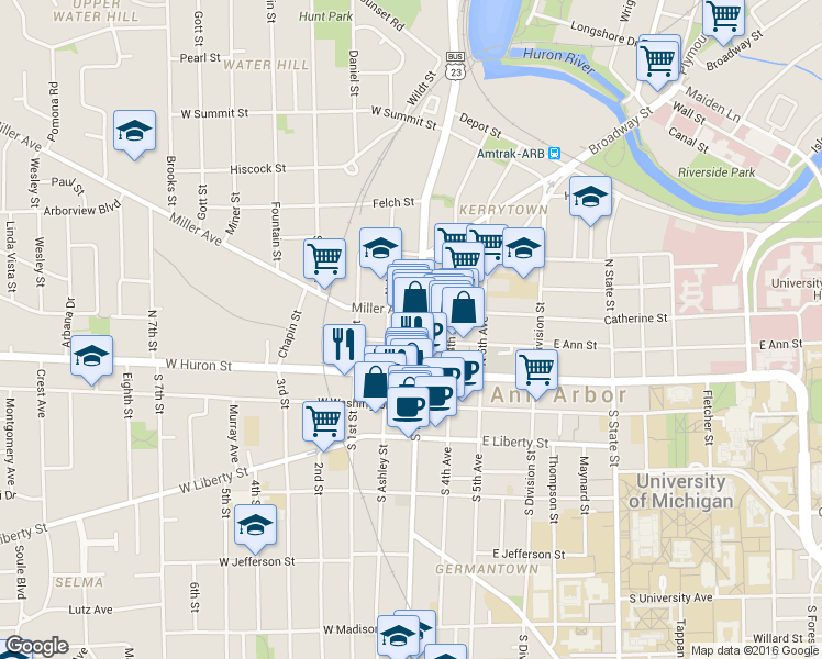 map of restaurants, bars, coffee shops, grocery stores, and more near 120 North Ashley Street in Ann Arbor