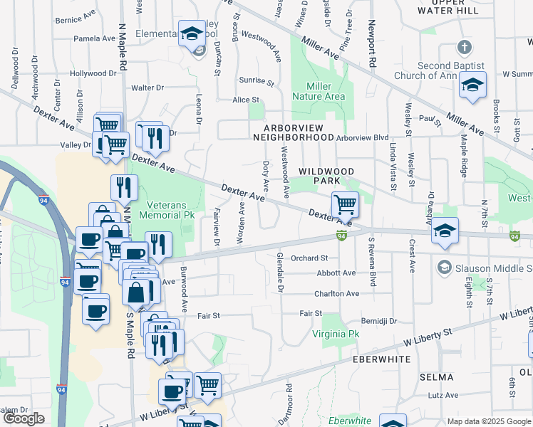 map of restaurants, bars, coffee shops, grocery stores, and more near 112 Allen Drive in Ann Arbor