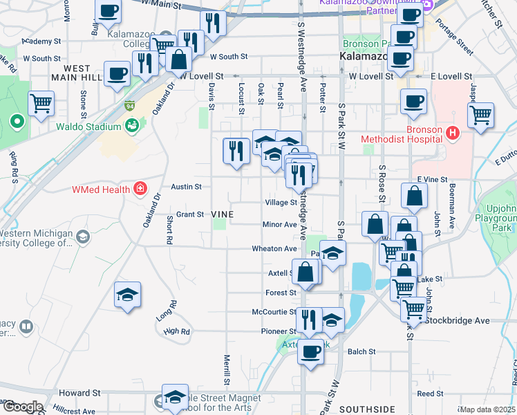 map of restaurants, bars, coffee shops, grocery stores, and more near 716 Minor Avenue in Kalamazoo