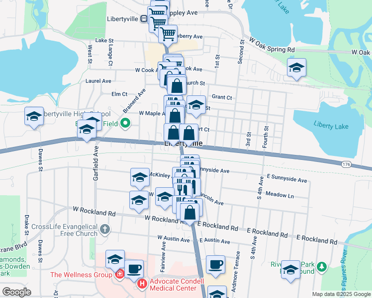 map of restaurants, bars, coffee shops, grocery stores, and more near 110 East Sunnyside Avenue in Libertyville