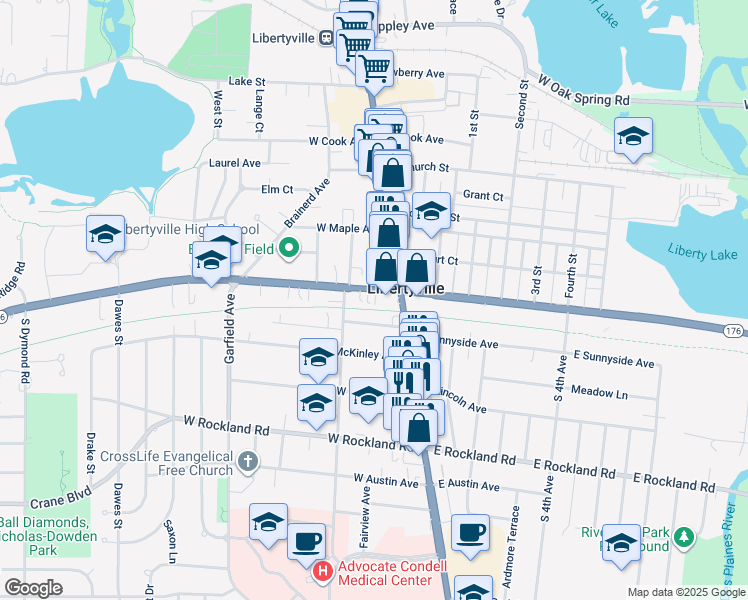 map of restaurants, bars, coffee shops, grocery stores, and more near 120 Sunnyside Place in Libertyville