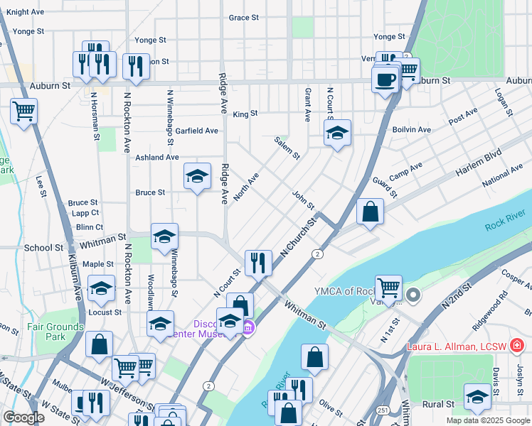 map of restaurants, bars, coffee shops, grocery stores, and more near 964 North Court Street in Rockford