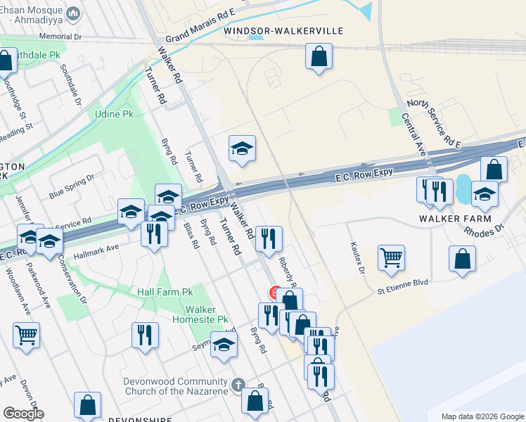 map of restaurants, bars, coffee shops, grocery stores, and more near 3162 Riberdy Road in Windsor
