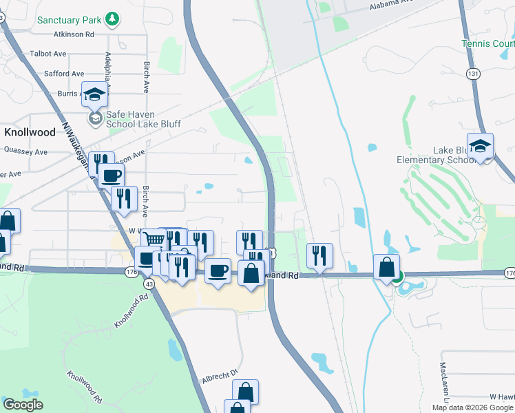 map of restaurants, bars, coffee shops, grocery stores, and more near 100 Skokie Highway in Lake Bluff