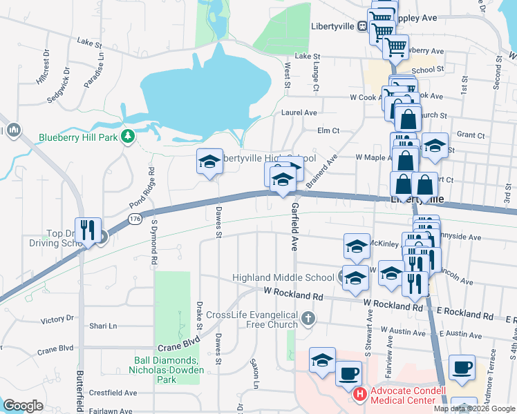 map of restaurants, bars, coffee shops, grocery stores, and more near 548 McKinley Avenue in Libertyville