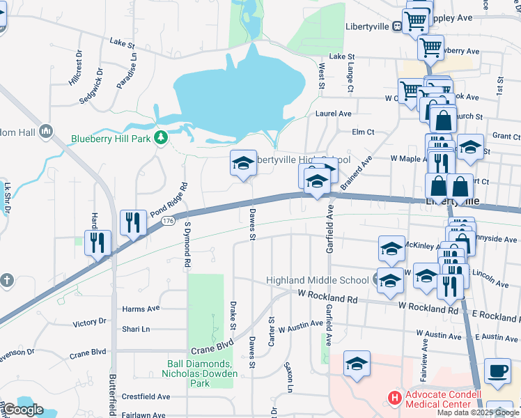 map of restaurants, bars, coffee shops, grocery stores, and more near 645 West Park Avenue in Libertyville