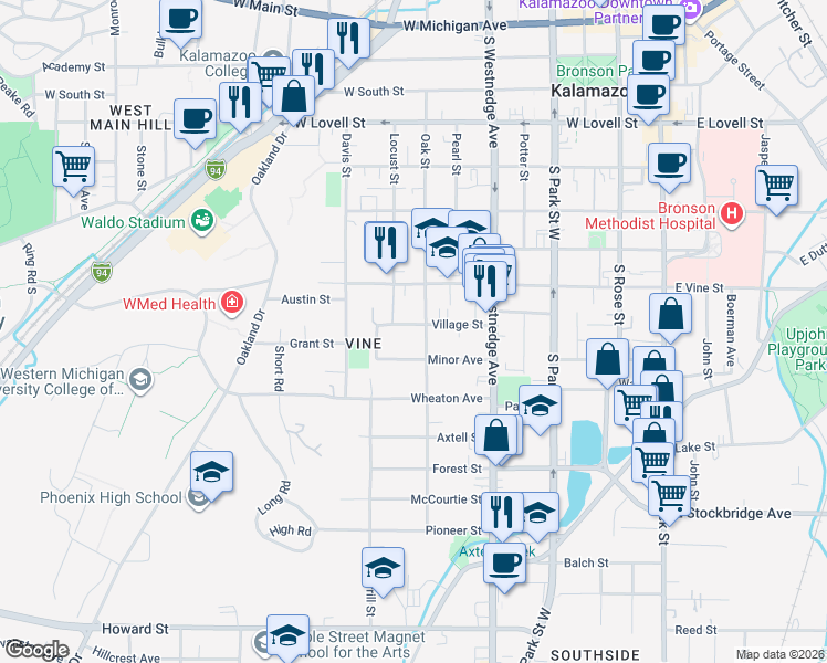 map of restaurants, bars, coffee shops, grocery stores, and more near 709 Village Street in Kalamazoo