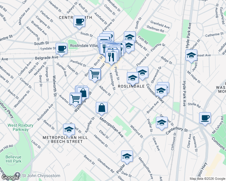 map of restaurants, bars, coffee shops, grocery stores, and more near 69 Kittredge Street in Roslindale