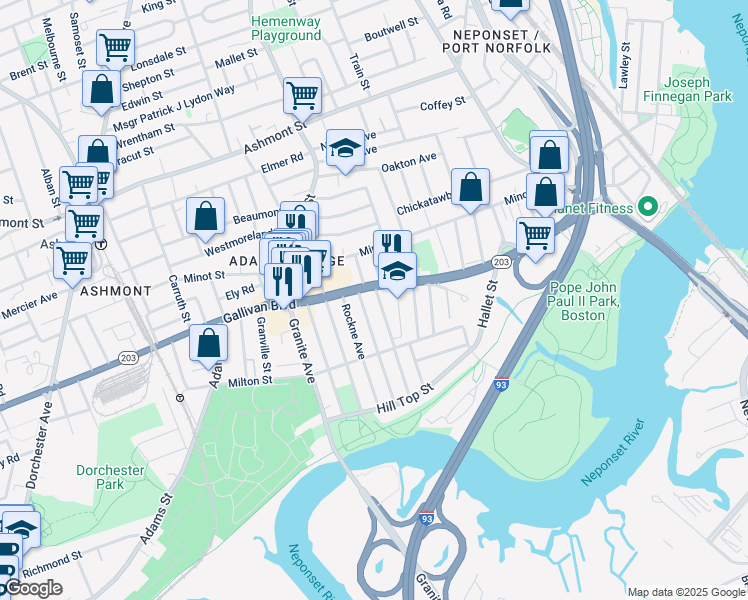 map of restaurants, bars, coffee shops, grocery stores, and more near 51 Crockett Avenue in Boston