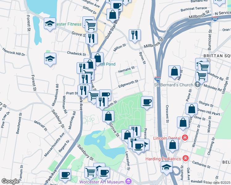 map of restaurants, bars, coffee shops, grocery stores, and more near 33 North Street in Worcester
