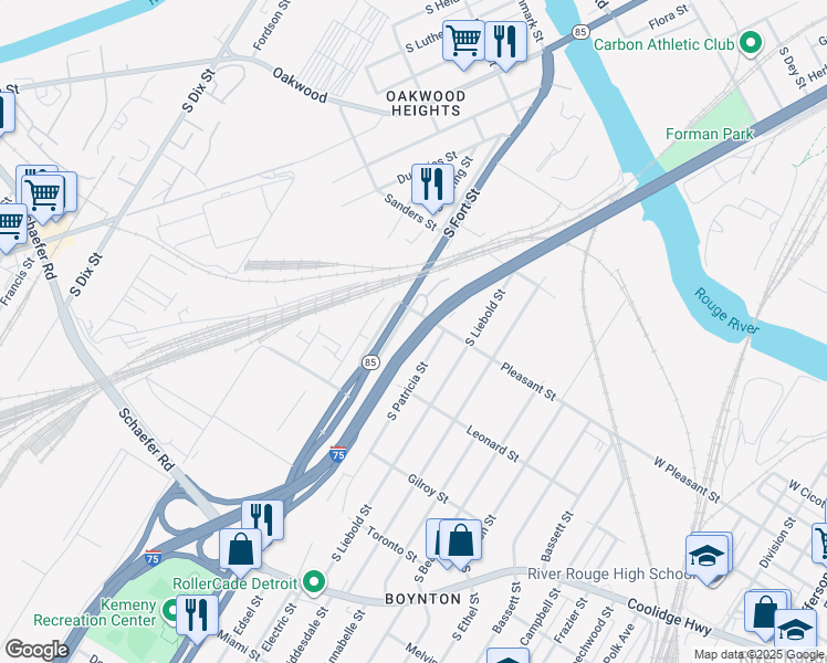 map of restaurants, bars, coffee shops, grocery stores, and more near in Detroit