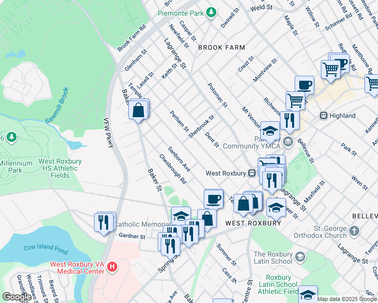 map of restaurants, bars, coffee shops, grocery stores, and more near Temple Street in Boston