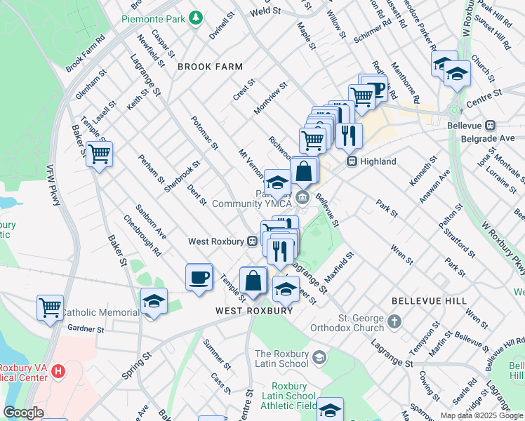 map of restaurants, bars, coffee shops, grocery stores, and more near 12 Preston Road in Boston