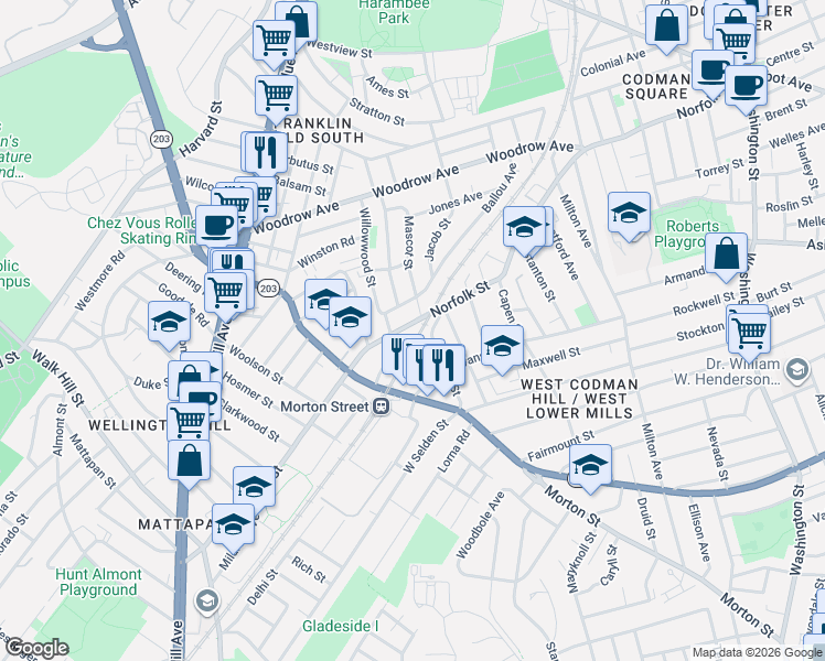 map of restaurants, bars, coffee shops, grocery stores, and more near 84 Mountain Avenue in Boston