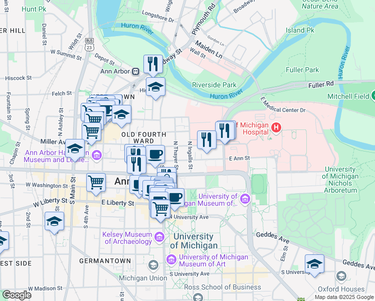 map of restaurants, bars, coffee shops, grocery stores, and more near 217 North Ingalls Street in Ann Arbor