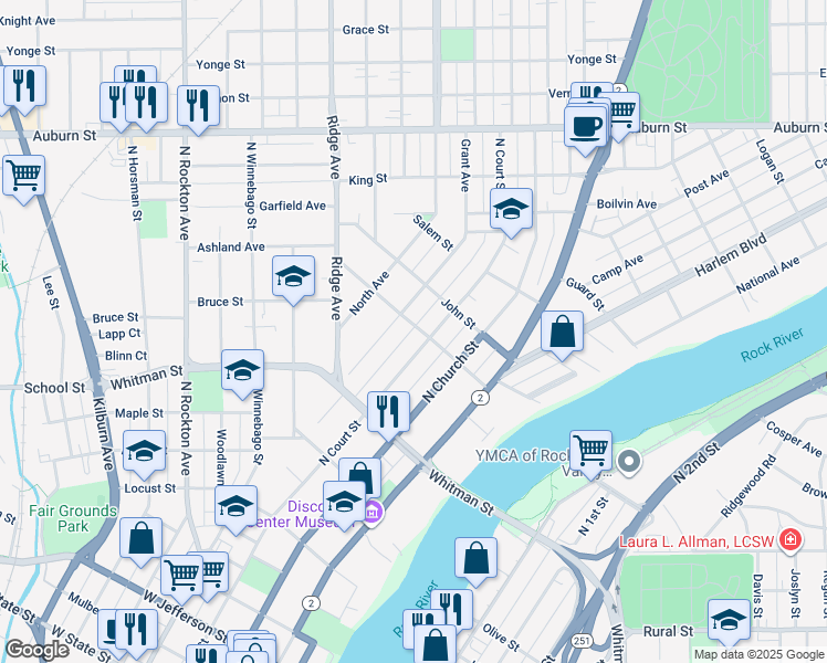 map of restaurants, bars, coffee shops, grocery stores, and more near 510 Napoleon Street in Rockford