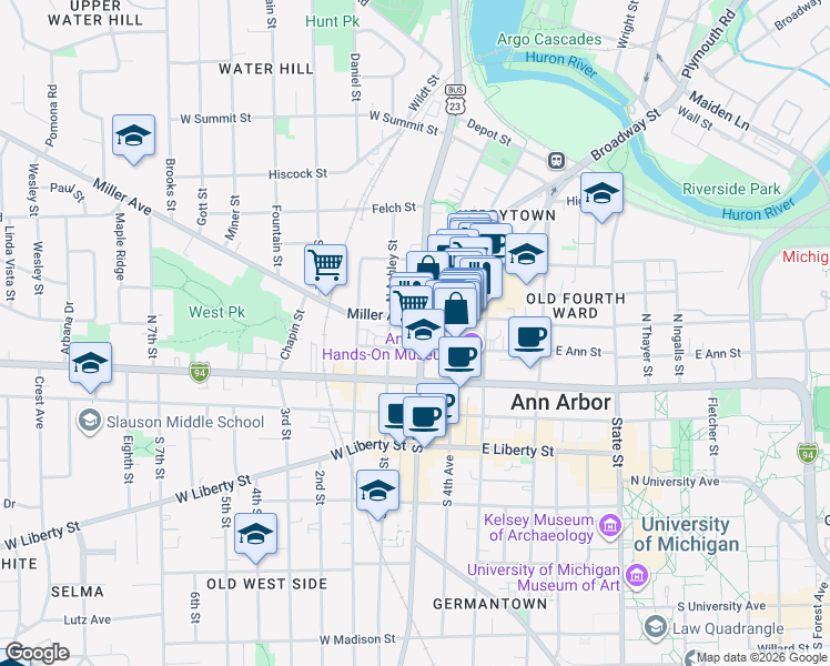 map of restaurants, bars, coffee shops, grocery stores, and more near 211 North Main Street in Ann Arbor