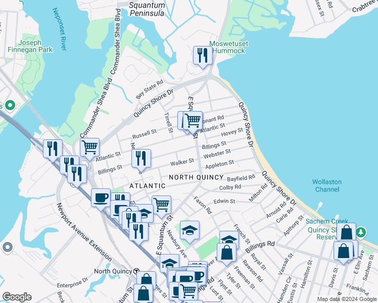 map of restaurants, bars, coffee shops, grocery stores, and more near 239 Atlantic Street in Quincy