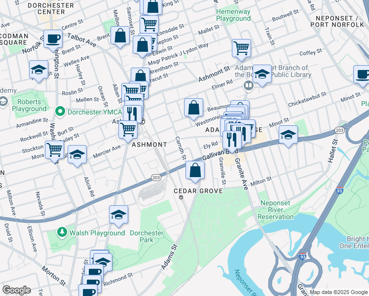 map of restaurants, bars, coffee shops, grocery stores, and more near 287 Minot Street in Boston