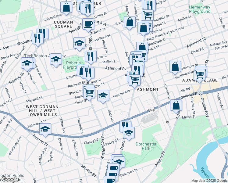 map of restaurants, bars, coffee shops, grocery stores, and more near 6 Atherstone Street in Boston