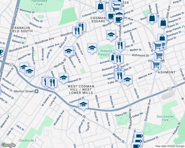 map of restaurants, bars, coffee shops, grocery stores, and more near 82 Milton Avenue in Boston