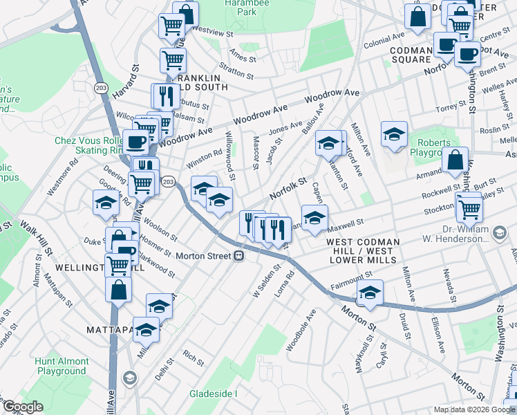 map of restaurants, bars, coffee shops, grocery stores, and more near 84 Mountain Avenue in Boston