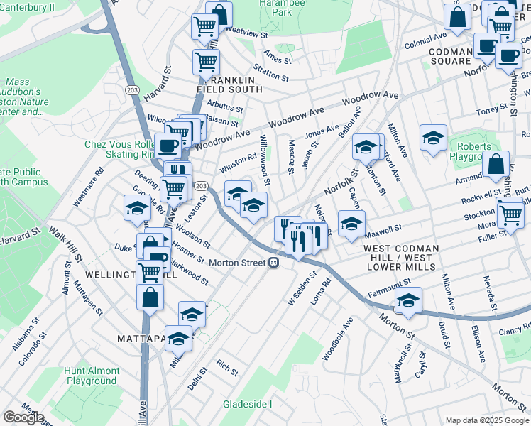 map of restaurants, bars, coffee shops, grocery stores, and more near 21 Middleton Street in Boston