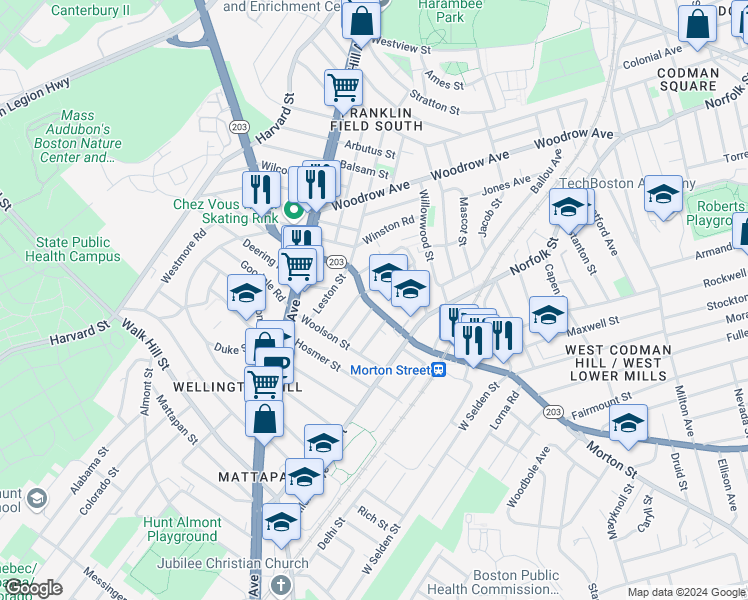 map of restaurants, bars, coffee shops, grocery stores, and more near 37 Wildwood Street in Boston