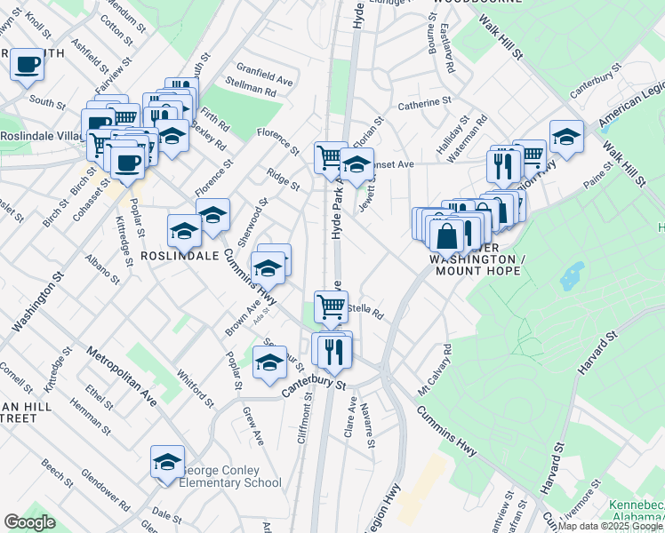 map of restaurants, bars, coffee shops, grocery stores, and more near 495 Hyde Park Avenue in Boston