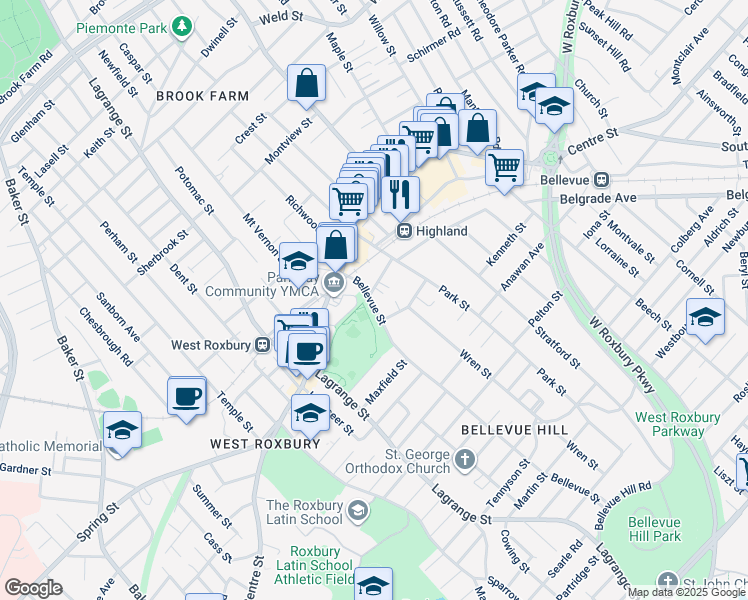 map of restaurants, bars, coffee shops, grocery stores, and more near 25 March Avenue in Boston