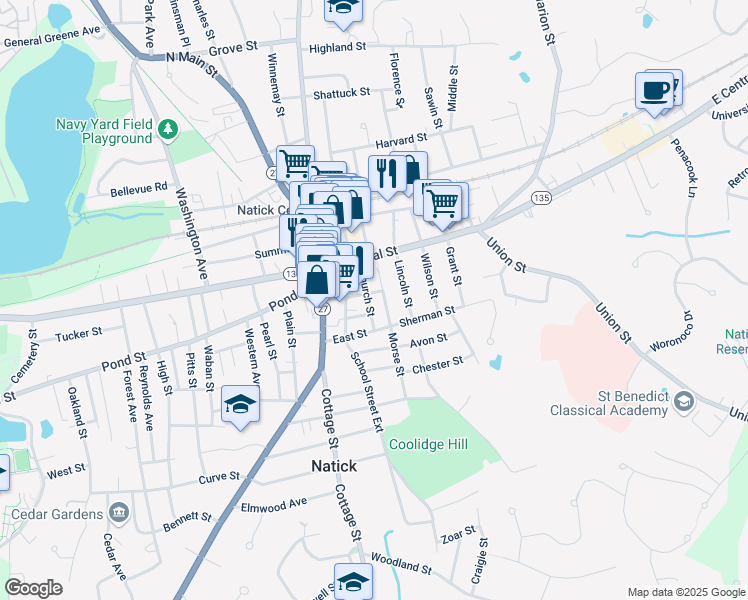 map of restaurants, bars, coffee shops, grocery stores, and more near 6 Morse Street in Natick