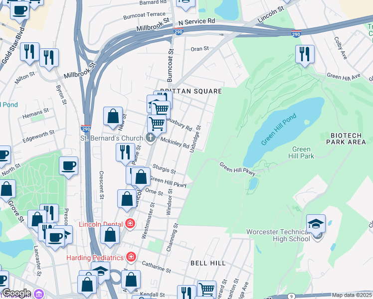 map of restaurants, bars, coffee shops, grocery stores, and more near 19 Mckinley Road in Worcester