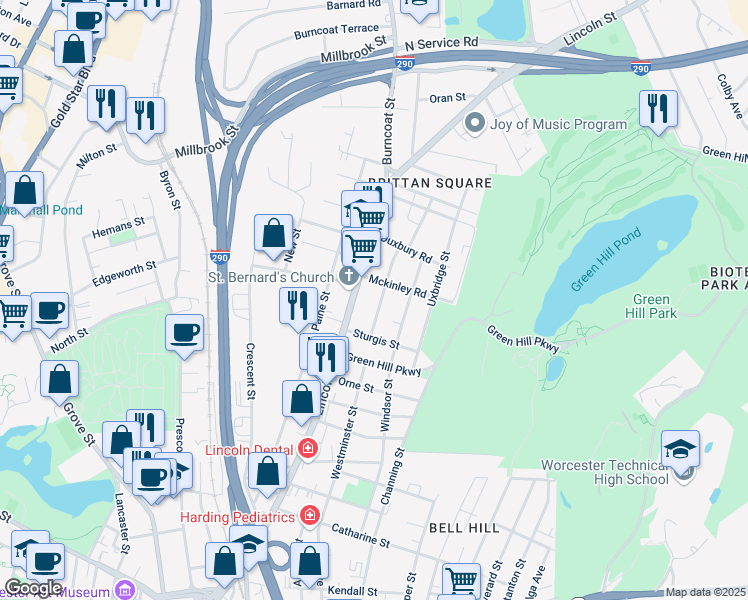 map of restaurants, bars, coffee shops, grocery stores, and more near 3 Mckinley Road in Worcester