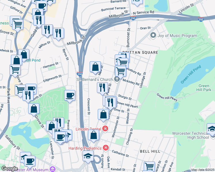 map of restaurants, bars, coffee shops, grocery stores, and more near 27 Harlow Street in Worcester