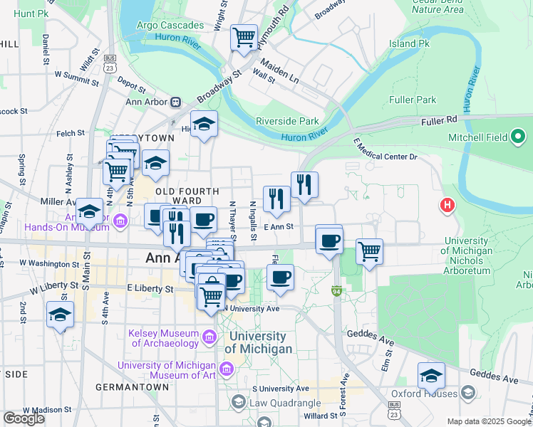 map of restaurants, bars, coffee shops, grocery stores, and more near 300 North Ingalls Street in Ann Arbor