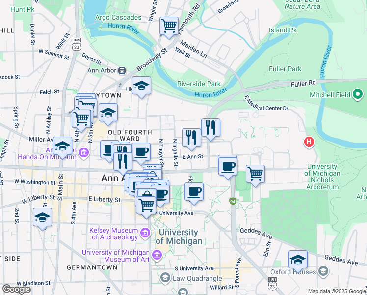 map of restaurants, bars, coffee shops, grocery stores, and more near 300 North Ingalls Street in Ann Arbor