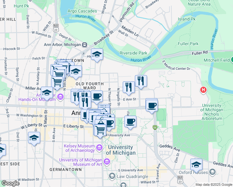 map of restaurants, bars, coffee shops, grocery stores, and more near 311 North Ingalls Street in Ann Arbor
