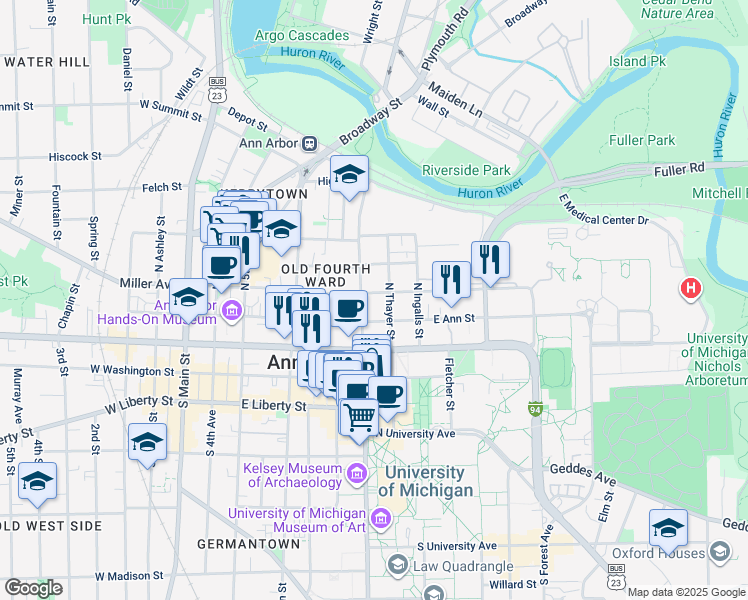 map of restaurants, bars, coffee shops, grocery stores, and more near 314 North State Street in Ann Arbor