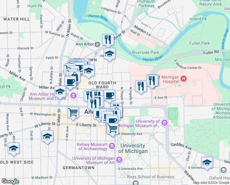 map of restaurants, bars, coffee shops, grocery stores, and more near 314 North State Street in Ann Arbor