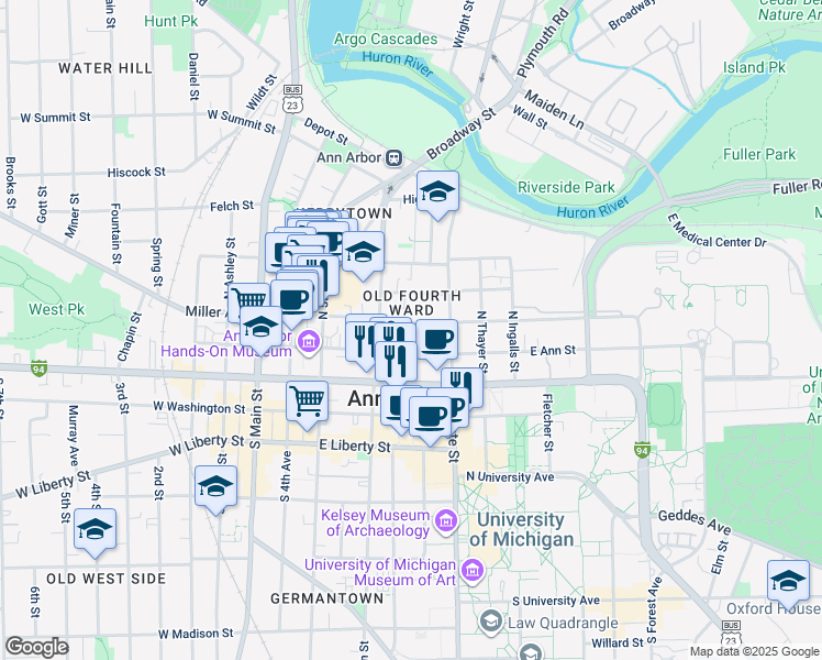 map of restaurants, bars, coffee shops, grocery stores, and more near in Ann Arbor