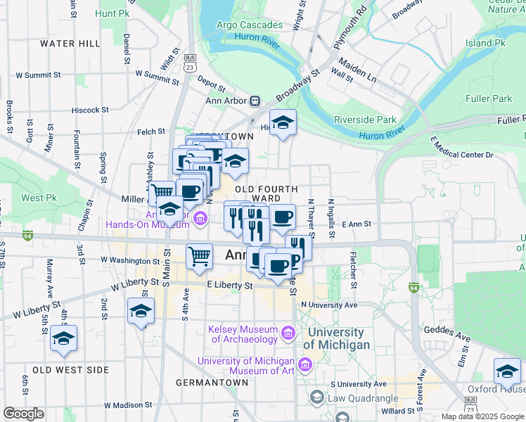 map of restaurants, bars, coffee shops, grocery stores, and more near in Ann Arbor