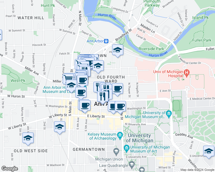 map of restaurants, bars, coffee shops, grocery stores, and more near 306 North Division Street in Ann Arbor