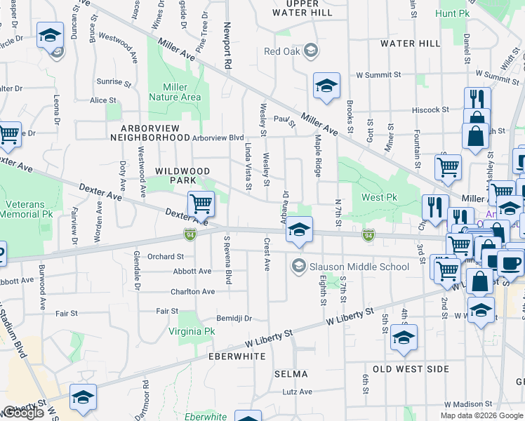 map of restaurants, bars, coffee shops, grocery stores, and more near 1208 Linwood Avenue in Ann Arbor