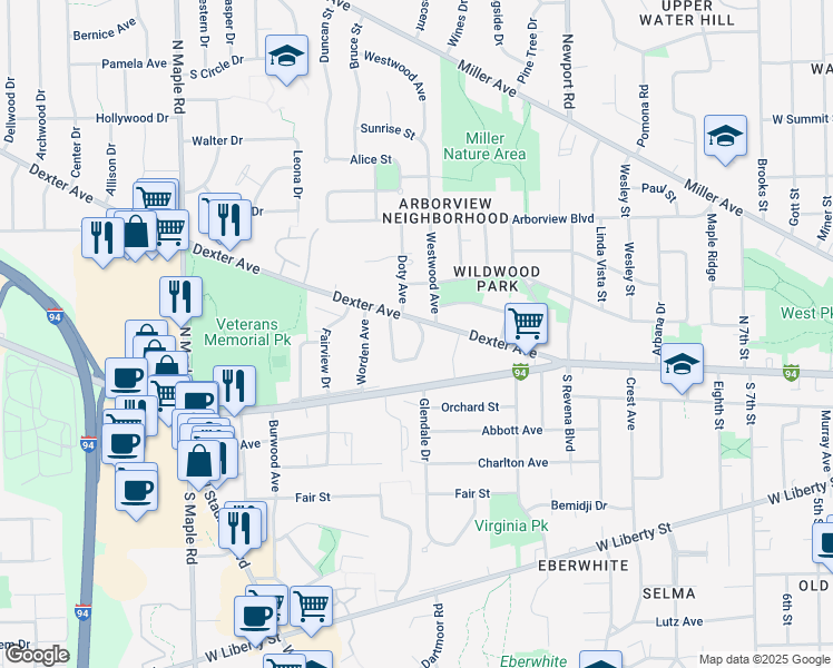 map of restaurants, bars, coffee shops, grocery stores, and more near 2002 Dexter Avenue in Ann Arbor
