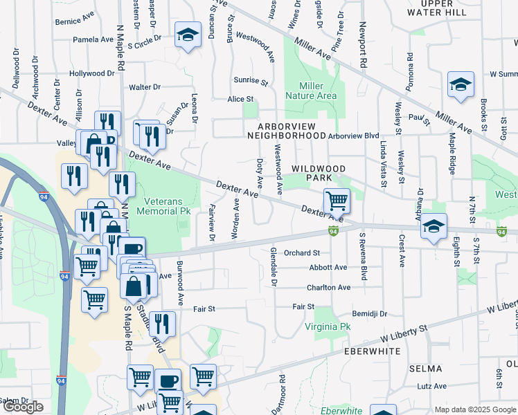 map of restaurants, bars, coffee shops, grocery stores, and more near 2002 Dexter Avenue in Ann Arbor