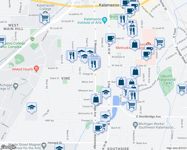 map of restaurants, bars, coffee shops, grocery stores, and more near 816 South Westnedge Avenue in Kalamazoo